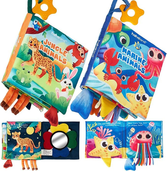 hahaland Baby Books 0-6 Months - 2 PCS Sensory Montessori Toys for Babies 0-6 Months with Crinkle Squeaky Sounds, Mirrors, Teethers - Soft Cloth Tummy Time Book Newborn Infant Toys