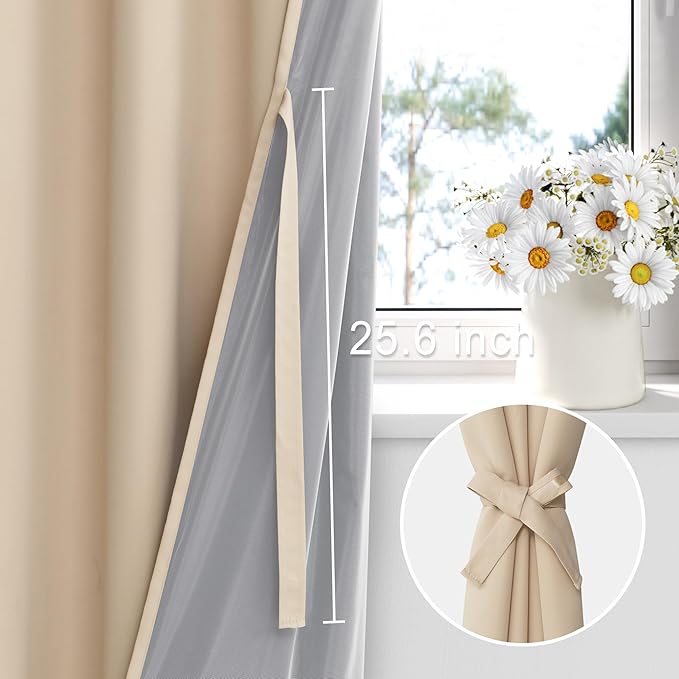 XWZO 100% Blackout Curtain Panels Rod Pocket Thermal Insulated Black Liner Curtains, Noise Reducing and Heat Blocking Drapes for Window Curtains with Tiebacks, Biscotti Beige, W42 x L54, Set of 2