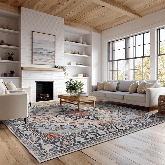9x12 Area Rug Living Room Rugs, Stain Resistant Washable Rug, Vintage Large Non-Slip Backing, Low Pile Lightweight Print Rug for Bedroom Dinning Room Home Office (Blue/Gray)