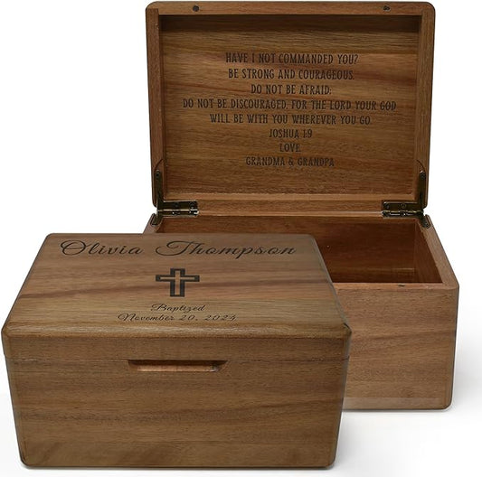 First Communion Personalized Gifts - Custom Engraved In Baptism Keepsake Box, Christening Storage Chest for Baby, Customized Baptism Gift for Girl, Personalized Confirmation Memory Box, 8x6x4 in