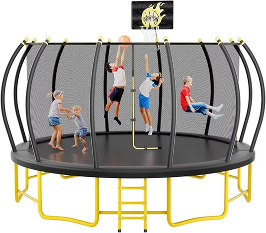 10FT 12FT 14FT 16FT Pumpkin Trampoline for Kids Adults, ASTM Approved Outdoor Recreational Trampoline with Basketball Hoop, Enclosure Net, Yellow