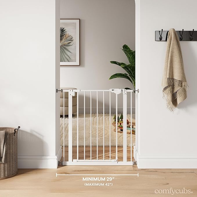 Comfy Cubs Baby Safety Gate with 3 Extensions - Adjustable 42" x 1.9" x 30" Q195 Steel Doorway Barrier - Powder-Coated Finish for Stairs and Doorways - Walk-Through Design Pet Gate - White