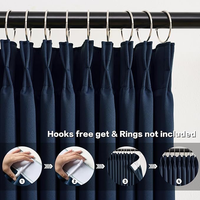 Pinch Pleated Curtains 63 Inches Long 2 Panels Set, Thermal Insulated Blackout Room Darkening Curtain for Bedroom,Window Draperies with Hooks(Navy Blue,80x63-inch)
