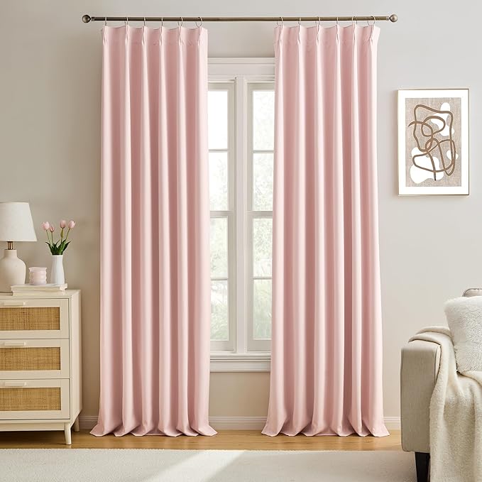KEQIAOSUOCAI Blackout Curtain Drapes Pleated with Hooks,Thermal Insulated Darkening Solid Sound Reducing Drapes Light Blinds Window Treatment for Bedroom Living Room(Baby Pink, 2 Panels, W40 x L102)