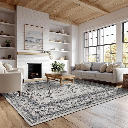 9x12 Area Rug Living Room Rugs, Stain Resistant Washable Rug, Vintage Large Non-Slip Backing, Low Pile Lightweight Print Rug for Bedroom Dinning Room Home Office (White Cream/Gray)