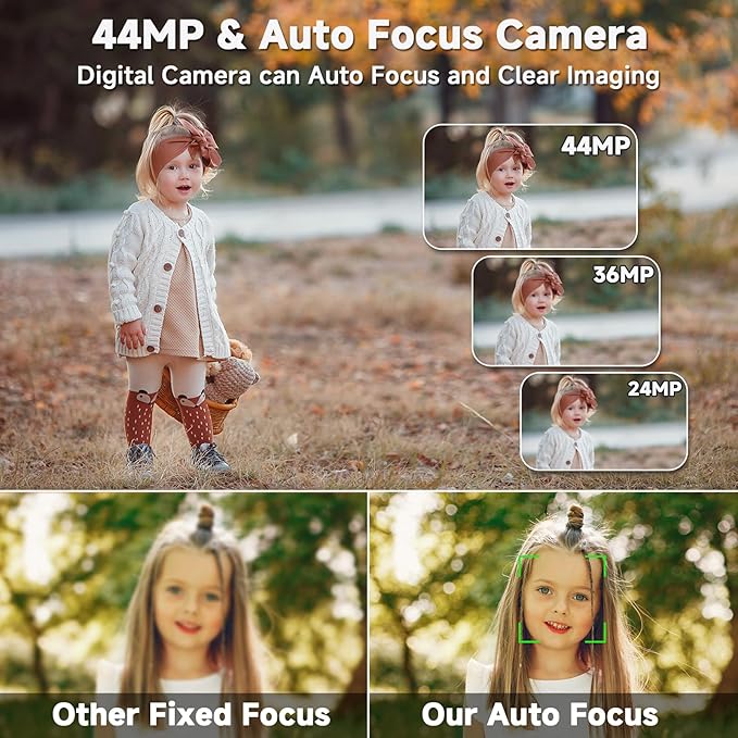 Digital Camera, 44MP FHD 4K Vlogging Camera for Kids Point and Shoot Cameras with 64GB Card, 16X Zoom Portable Compact Small Camera Gifts for Teens Boys Girls Adult Beginner