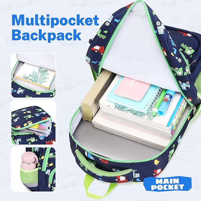mygreen 3PCS Kids Backpack Set - Waterproof Bookbag with Lunch Box for Boys Ages 3-12, Adorable Cartoon Prints for School & Outdoor Use Blue Green Truck