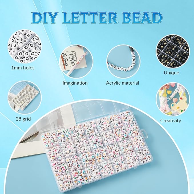 1400pcs Letter Beads, 4x7 mm Acrylic Alphabet Beads, Beads for Jewelry and Bracelet Making, in 28 Grid Box (White and Colorful)