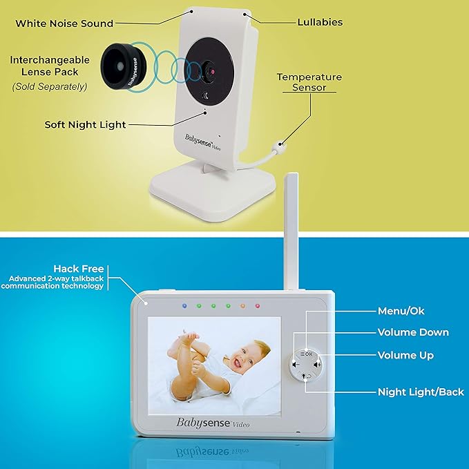 Babysense 3.5" Screen, Video Baby Monitor with Camera and Audio, 960ft Range (Open Space), Night Light, Two-Way Audio, Zoom, Night Vision, Lullabies