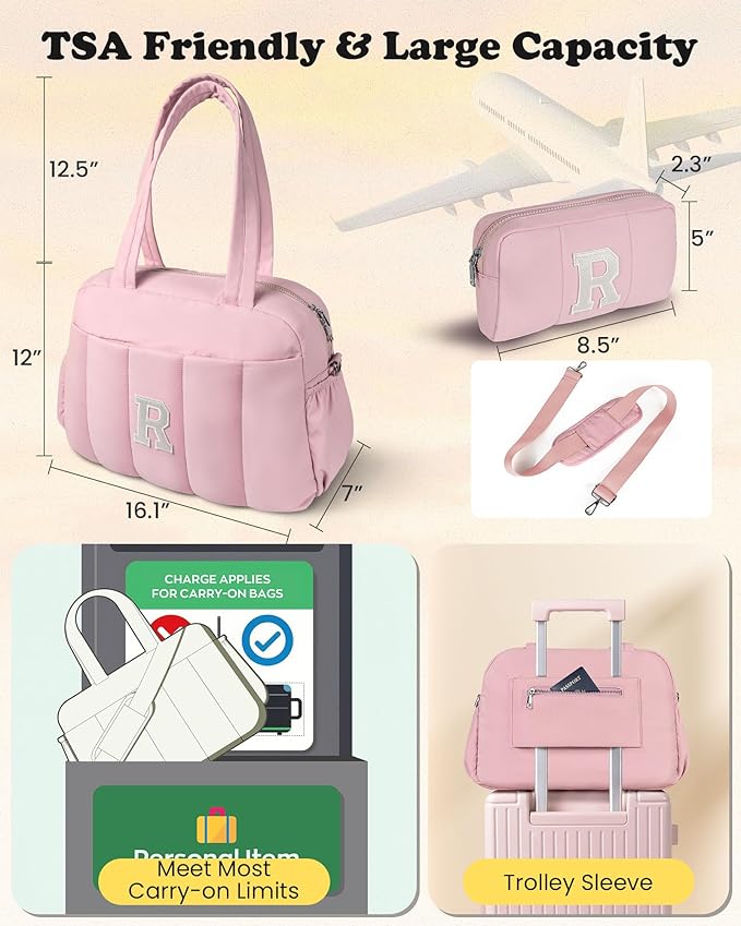 Duffle Bag for Travel, Weekender Bags for Women，Initial Overnight Bag with Wet Pocket，Lightweight Travel Bags Personalized Gym Tote with Makeup Pouch, Girl Gifts Trendy Stuff
