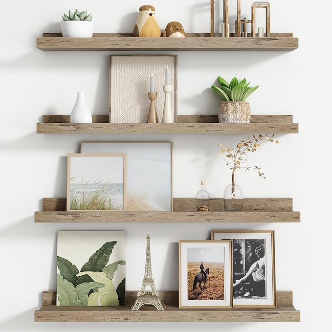Floating Picture Ledge Shelves for Wall Set of 4, 24 Inch Wall Shelves with Lip Long Large Nursery Book Shelf for Toys Storage Kids Bookshelf Wall Mounted Living Room Bedroom Decor Frames