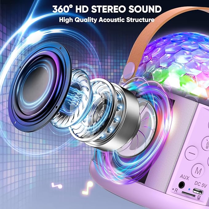 Karaoke Machine with Disco LED Lights for Adults Kids, Portable Bluetooth Speaker with 2 Wireless Microphone, Gifts Toys for 3-12+ Kids Birthday Family Home Party