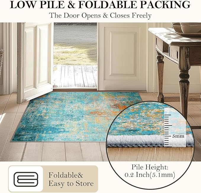 Washable Area Rugs 2'x10' Non-Slip Modern Abstract Soft for Living Room Entryway Bedroom Nursery, Print Pattern, Teal Blue Green Orange Rust Red Colorful