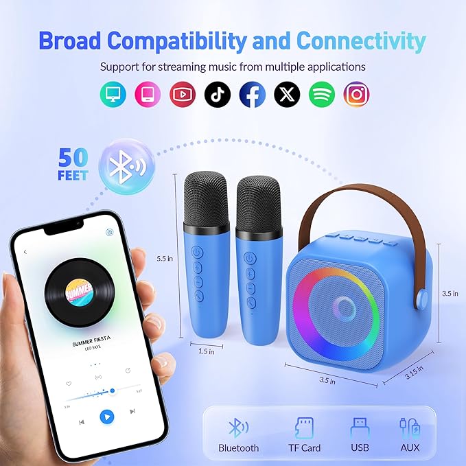 Mini Karaoke Machine for Kids Adults: Portable Bluetooth Karaoke Speaker with 2 Wireless Microphones, Karaoke Gifts for Girls Boys Ages 4-12+ Years Old Christmas Birthday Home Party(Navy Blue)