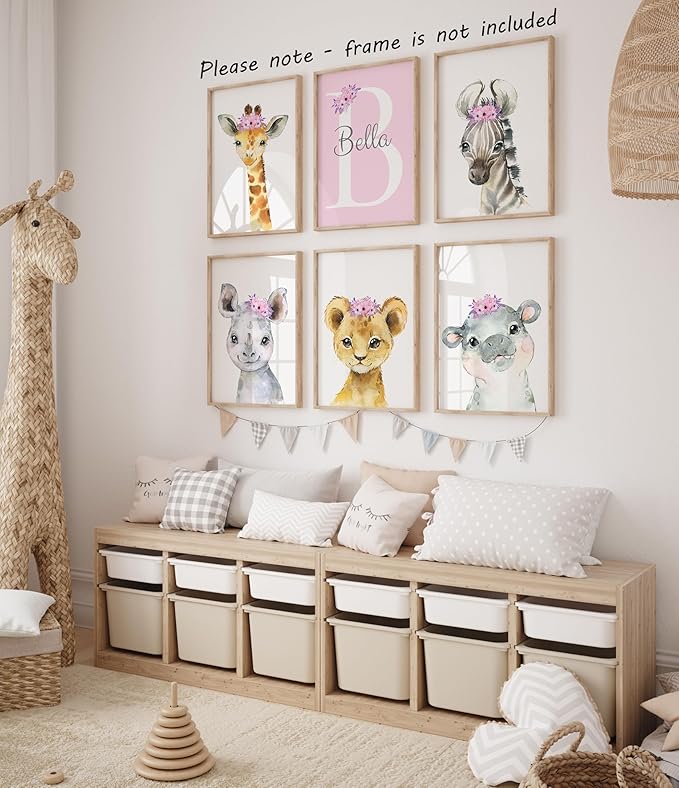 Personalized Safari Animals for Baby Girls Nursery, Set of 6 Unframed Poster Prints, Personalized Name Pink Lilac Floral, Girls Bedroom Decor, Elephant Giraffe (8x10)