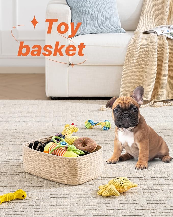 KALLAX Small Woven Basket, 13.5 x 9.5 x 5 Inches, Storage Basket for Organizing, Cute Small Rope Shelf Closet Cube Storage Bins Baskets for Shelves, Dog Toy Gift Baskets Empty, 3 Packs, Beige