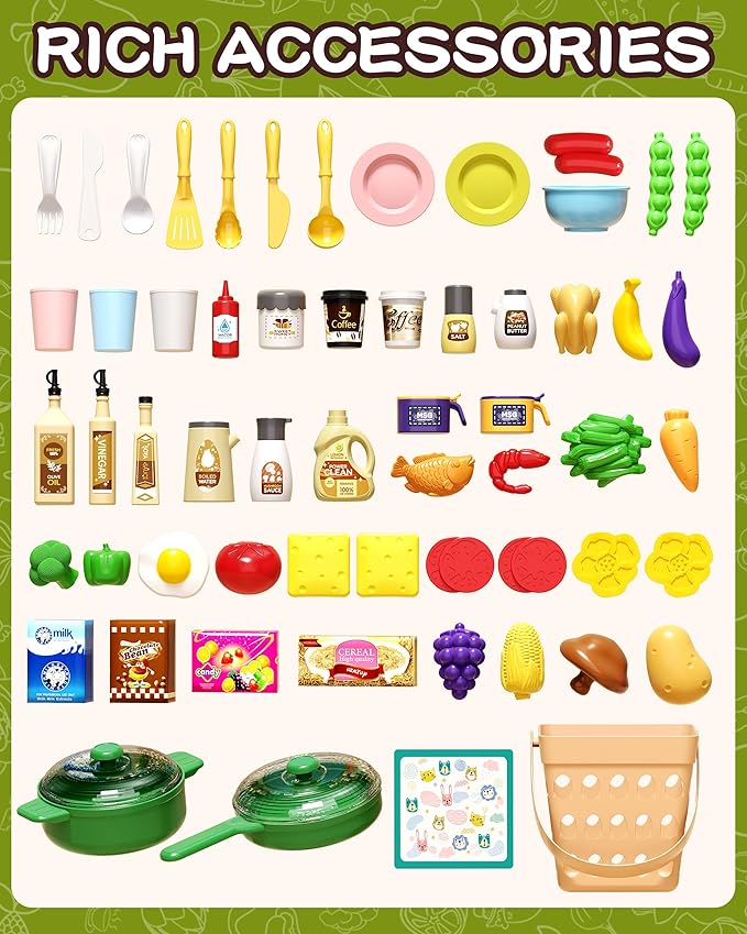 33.8IN Kids Kitchen Playset, 70PCS Kid Play Kitchen with Realistic Lights & Sounds, Spray Sink Toy Kitchen Accessories, Pretend Food Toys Kitchen for Boys Girls Toddlers(Green)