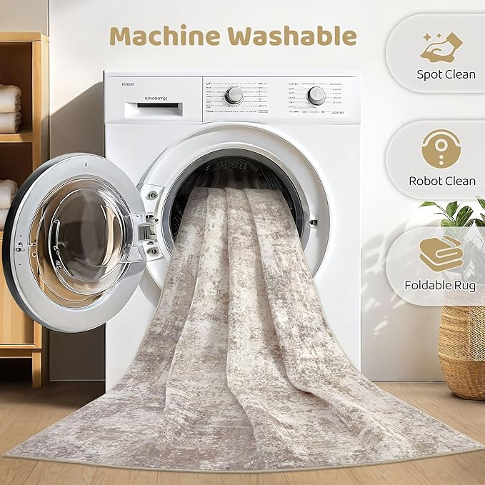 10x14 Area Rugs Living Room: Washable Large Abstract Soft Rug Stain Resistant Indoor Floor Non-Slip Accent Carpet for Women Modern Home Enthusiasts Aged 25-45 - Bedroom Nursery Playroom- Beige Brown