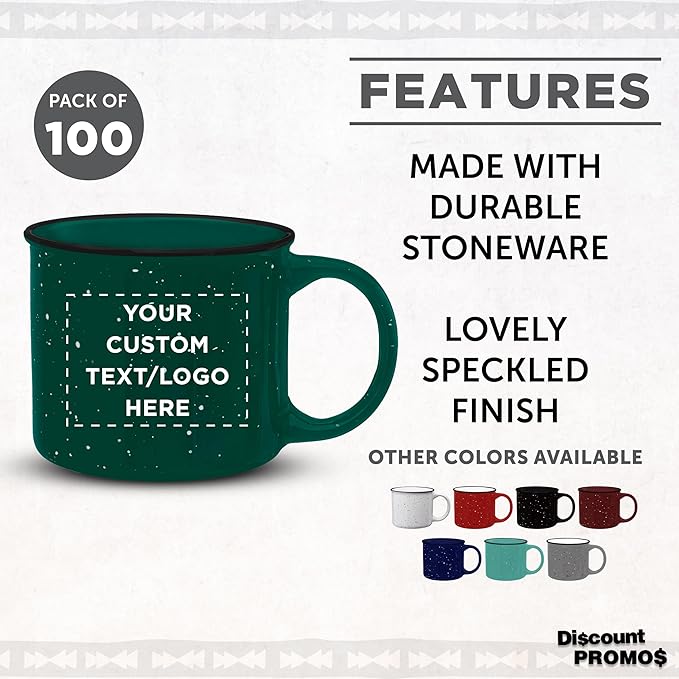 DISCOUNT PROMOS Custom Ceramic Campfire Coffee Mugs 13 oz. Set of 100, Personalized Bulk Pack - Perfect for Tea, Espresso, Cappuccino, Hot Cocoa - Green