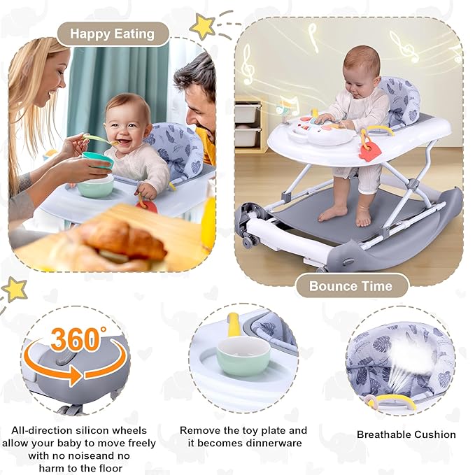 Foldable Baby 5-in-1 Activity Walker - Rocker, Activity Center, Bouncer, Seat, Push Walker - Adjustable Speed Rear Wheels and Height Toys Ages 6-18 Months (Grey)