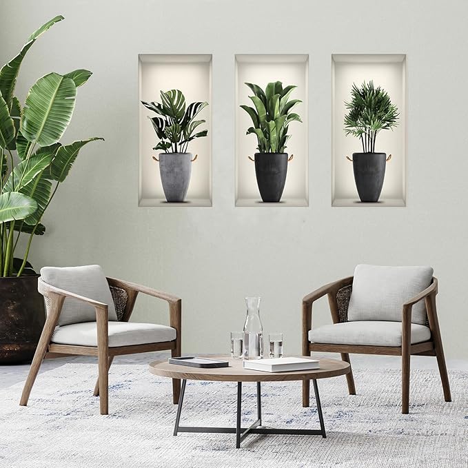 3D Green Pot Plants Wall Decals, Tropical Potted Wall Stickers, Creative Vinyl Peel and Stick Removable Wall Art Decor for Bedroom Living Room Kitchen(3D Green Plants 02)