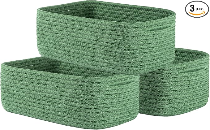 KALLAX Small Woven Basket, 12 x 8 x 4.5 Inches, Storage Basket for Organizing, Cute Small Rope Shelf Closet Cube Storage Bins Baskets for Shelves, Dog Toy Gift Baskets Empty, 3 Packs, Green