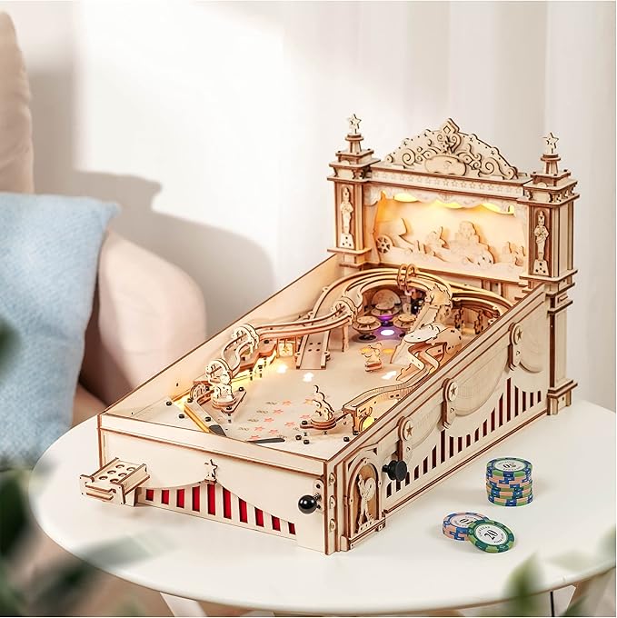 Rowood Wooden Puzzles 3D Pinball Machine Mechanical Model Wooden 3D Puzzles for Adults DIY Pinball Game Wooden Puzzle-Model Building Kits Christmas Birthday Gifts for Adult and 14+ Teens