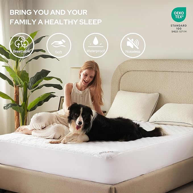 BEDLORE 2 Pack Waterproof Mattress Protector, King Size Mattress Pad with Deep Pocket Fitted Up to 6-18 inches, Soft Noiseless Single Bed Mattress Cover for Bedroom, Dorm Room (White)