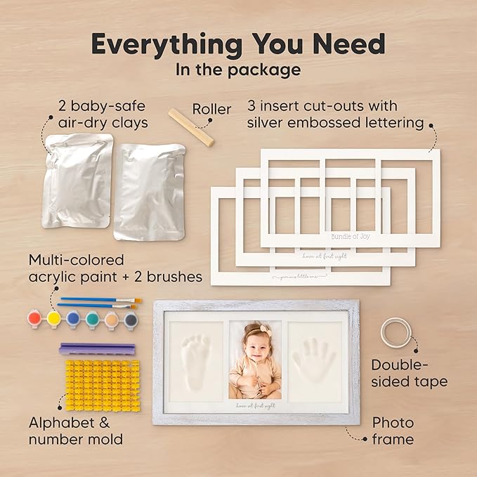Baby Hand and Footprint Kit - Clay Handprint Keepsake Frame, Newborn Nursery Picture Frame, Personalized New Mom Gifts for Baby Shower & Registry (Vintage Gray)