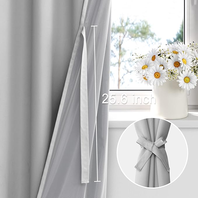 XWZO 100% Blackout Curtains 95 Inches Long with Tiebacks- Rod Pocket Privacy Protection & Noise Blocking Window Draperies with Black Liner for Bedroom/Living Room, Light Grey, W52 x L95, Set of 2