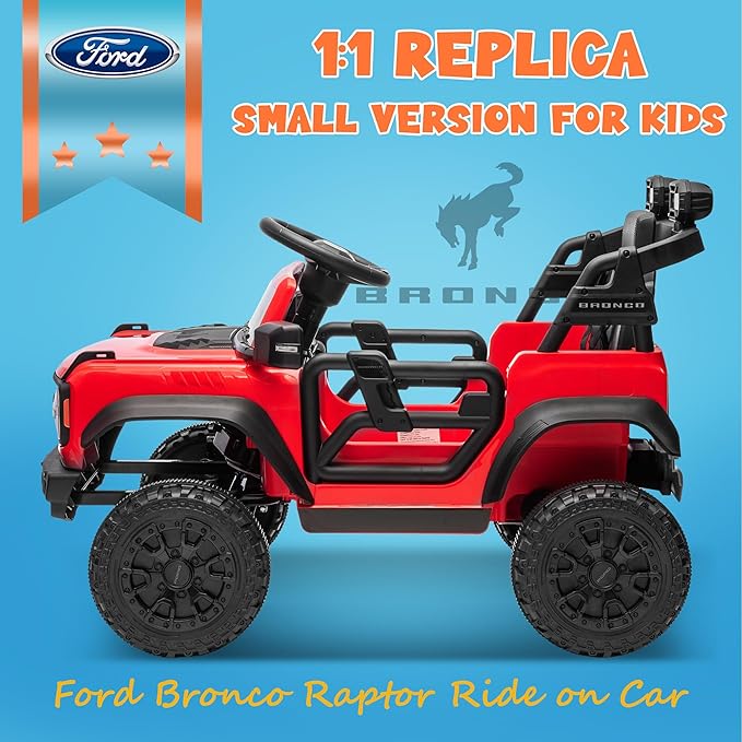 ENYOPRO 12V Kids Ride On Car with Remote Mode, Licensed Ford Bronco Raptor Electric Car for Toddlers, Battery Powered Ride On Toy Truck w/2 Speed, Working Headlights, Music Player, Radio (Red)