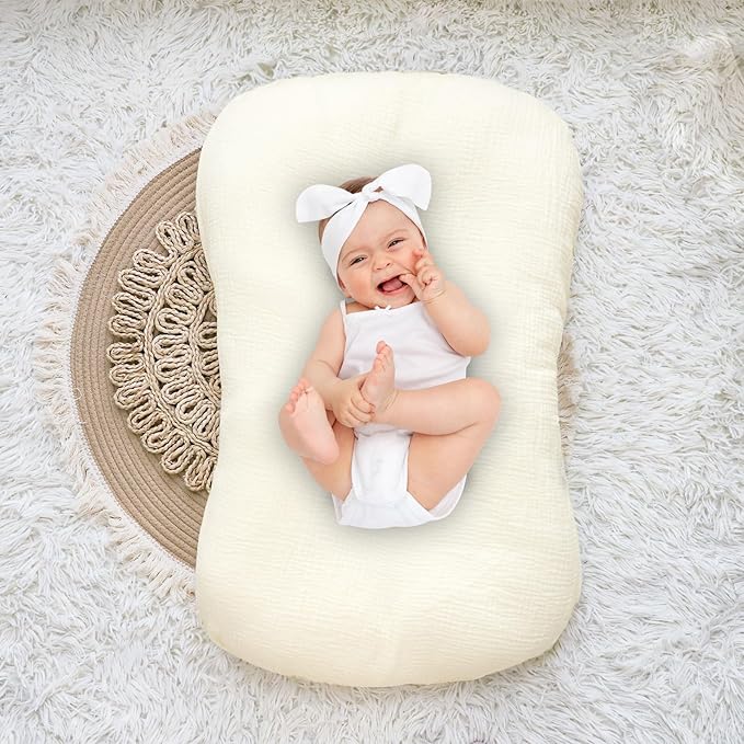 Hooyax Baby Lounger Cover 2 Pack - 100% Muslin Cotton Newborn Lounger Pillow Covers Only, Soft Breathable Infant Lounger Cover with Reinforced Stitching, Fits Most Standard Baby Loungers (Grey Cream)