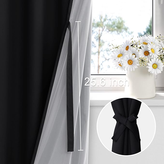 XWZO 100% Blackout Window Curtains - Thermal Insulated & Noise Reduction Black Liner Rod Pocket Window Treatment Sewn with Tiebacks for Bedroom/Living Room, Black, W42 x L63, Set of 2