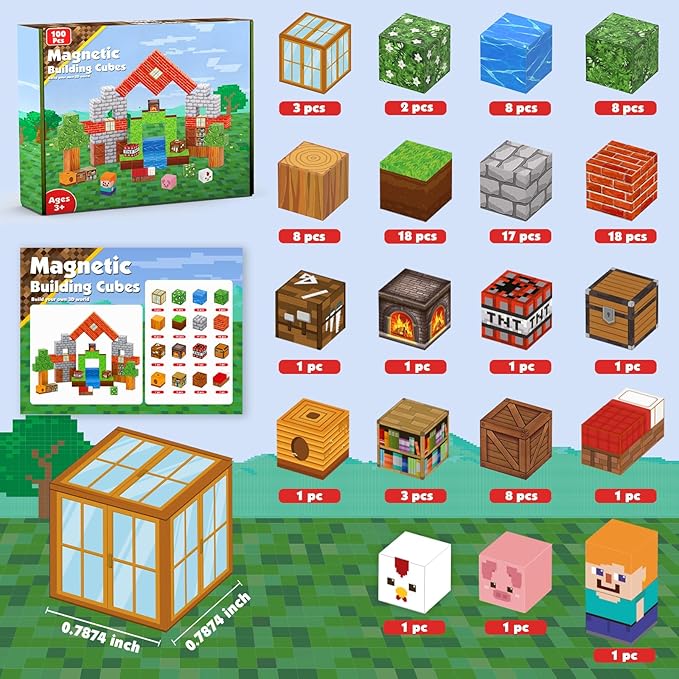 Goody King Magnetic Blocks |100PCS Magnetic Building Cube Game, Constructions Toys for Boys & Girls Age 3-4, 5 6 7 8 9 10, STEM Montessori Stacking Toy, Sensory Tiles Building Birthday for Toddlers