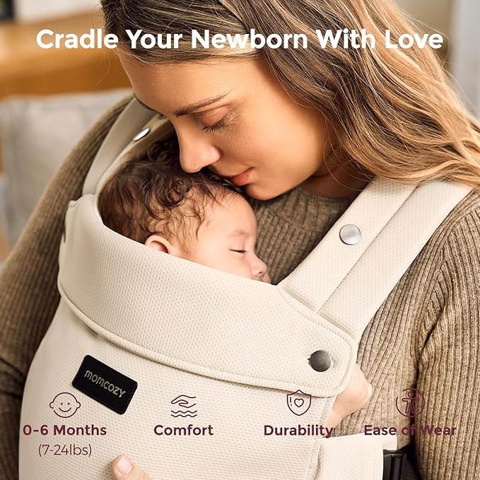 Momcozy Newborn Baby Carrier - Ergonomic, Cozy and Lightweight Carrier for 7-24lbs, Adjustable Neck Support with Sunshield, Breathable Airmesh Perfect for Summer Outing, Khaki