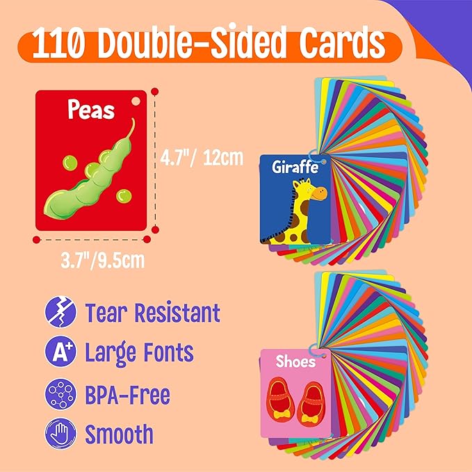 110 PCS Sight Word Flashcards, Double Sided Cards- Alphabet, Foods, Animals, Home Object with 4 Reclosable Rings, Early Learning Tool for Pre-K Kindergarten Toddlers
