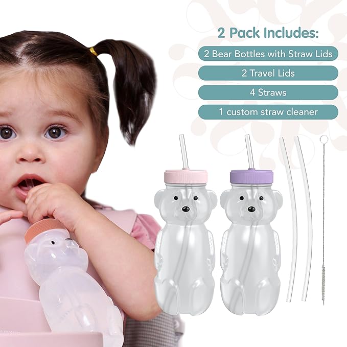 Honey Bear Straw Cup for Babies, Honey Bear Cups with Travel Lid, 2-Pack Therapy Learning HoneyBear Straw Sippy Cup for Toddlers, Cherry Blossom & Unicorn, 8 oz