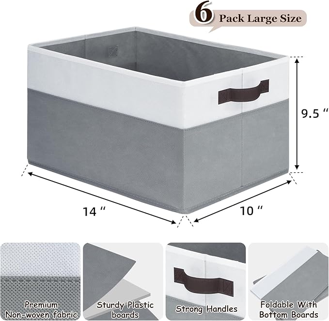 Criusia Closet Organizers and Storage Baskets - 6 Pack Shelf Organizer Bins with Handles - Clothes Storage Bins for Bedroom Nursery Home Closet Organization - Blanket Toy Storage Organizer