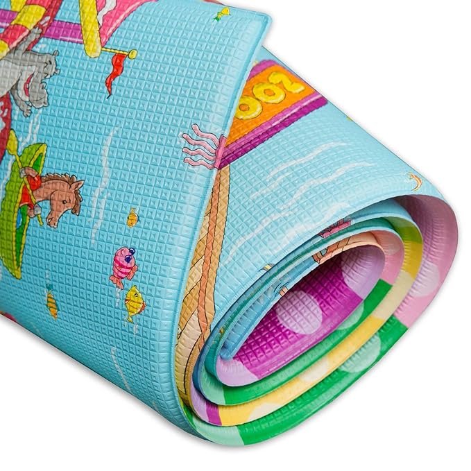 Baby Care Play Mat (Large, Playful - Zoo Town) 82'' x 55'' Original One-Piece Reversible Rollable Waterproof Play Mat for Infants, Babies, Toddler, and Kids