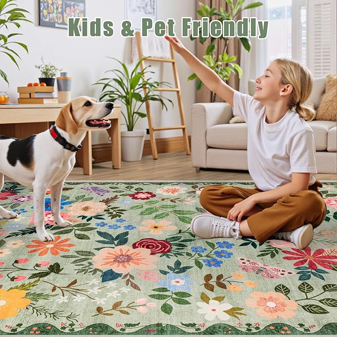 10x12 Area Rugs for Living Room: Floral Washable Rug Vintage Large Soft Boho Non-Slip Carpet Indoor Stain Resistant Low Pile Carpets for Bedroom Dining Room Farmhouse Nursery Hallway Home Office Green