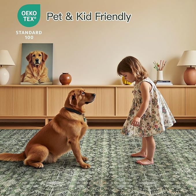 Lofus 9x12 Area Rug for Living Room,Green Washable Large Rugs with Non-Slip Backing,Soft Boho Carpets for Bedroom Dining Room Home Office Indoor Nursery