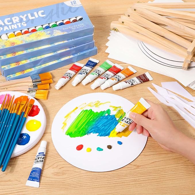 12 Pack 8x10” Canvas Boards and Round Canvas for Painting, Couple Painting Kit with Wood Easel, Acrylic Paint, Paint Brushes Set for Kids Teenagers Adults Date Night Sip and Paint Party