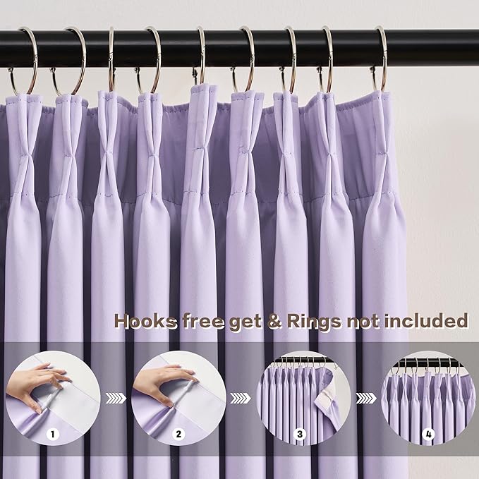 KEQIAOSUOCAI Pinch Pleats Lilac Curtains 92 Inches Long,Home Fashion Microfiber Thermal Insulated Solid Pleated Room Darkening Curtain for Bedroom (Lavender, 2 Panels, 40 Width by 92 Length)