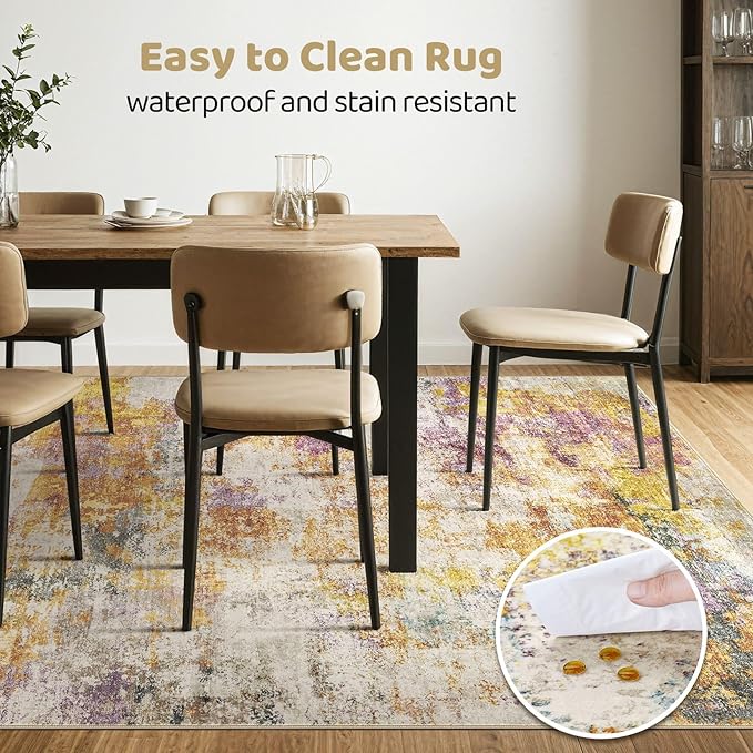 10x14 Area Rugs Living Room: Washable Large Abstract Modern Soft Stain Resistant Indoor Floor Rugs Non-Slip Accent Carpet for Bedroom Nursery Playroom Office Dining Room Dorm Home House- Gold Colorful