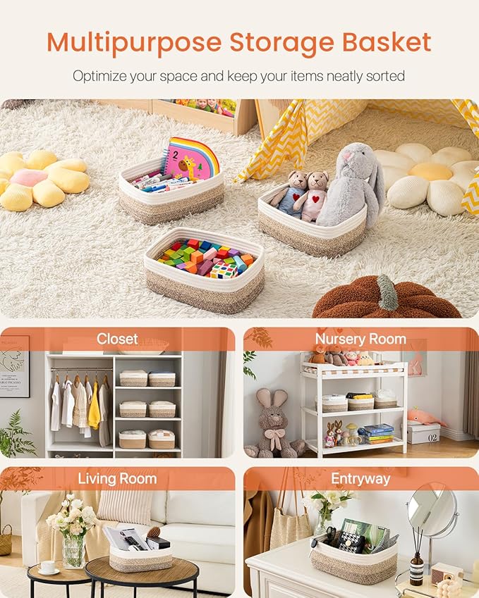 KALLAX Small Woven Basket, 12 x 8 x 4.5 Inches, Storage Basket for Organizing, Cute Small Rope Shelf Closet Cube Storage Bins Baskets for Shelves, Dog Toy Gift Baskets Empty, 3 Pack Gradient Brown