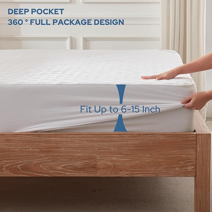 BEDLORE 2 Pack Waterproof Mattress Protector, Full Size Mattress Pad with Deep Pocket Fitted Up to 6-15 inches, Soft Noiseless Single Bed Mattress Cover for Bedroom, Dorm Room (White)