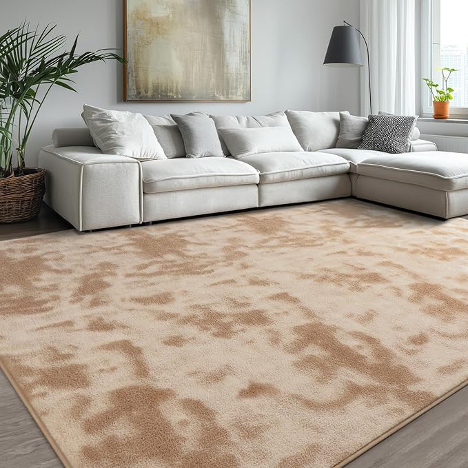 Kimicole 7x10 Washable Area Rugs for Living Room Bedroom, Large Low Pile Ulta-Thin Solid Color Rug, Non-Slip Soft Fluffy Carpet for Nursery Kids Room Dorm Room Home Decor (Light Tan)
