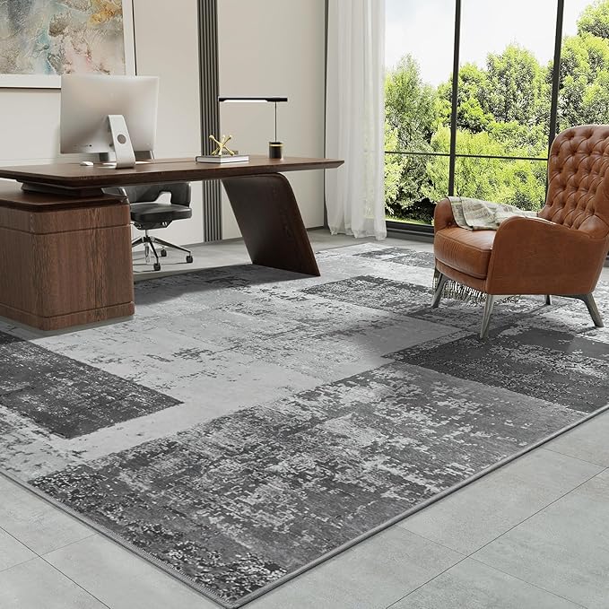 LOCHAS Rug for Living Room, Washable Soft Area Rugs for Bedroom 8x10, Abstract Carpet for Indoor Office Kids Dining Room Nursery Floor, Grey Geometric Vintage Home Decor, Non Slip, Pet Child Friendly