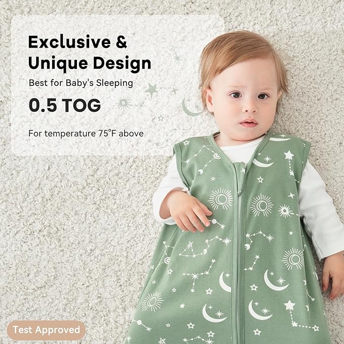 Baby Sleep Sack 6-12 Months 3 Pack 100% Cotton Lightweight 0.5 TOG Wearable Blanket Baby Sleep Bag with 2-Way Zipper for Newborn Infant