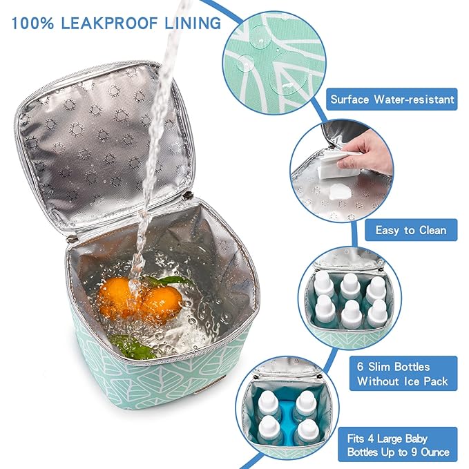 Breast Milk Cooler Bag with Ice Pack Fits 4 Baby Bottles Up to 9 Ounce, Baby Bottle Bag for Nursing Mom Daycare-Green